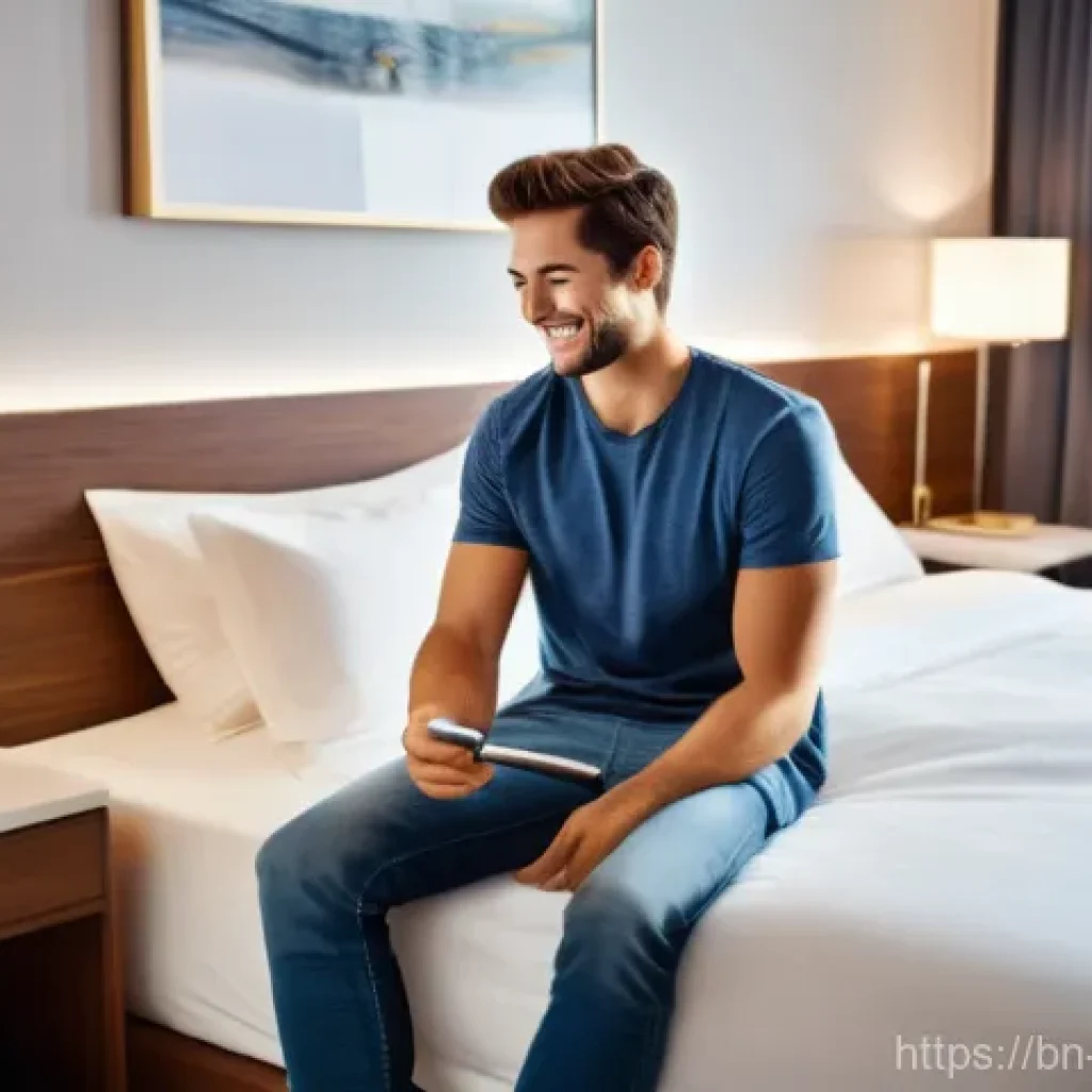 호텔 산업의 정보 기술 혁신 - **Prompt:** "A young adult, casually dressed in a comfortable t-shirt and jeans, is sitting on a plu...