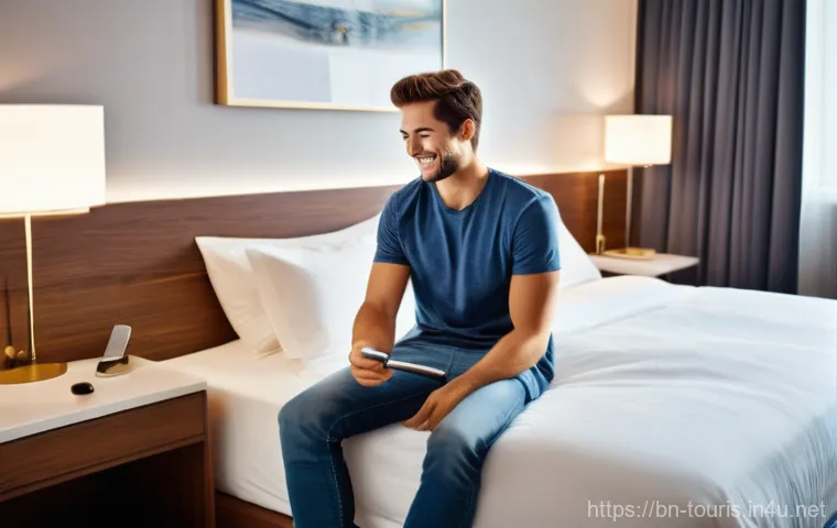 호텔 산업의 정보 기술 혁신 - **Prompt:** "A young adult, casually dressed in a comfortable t-shirt and jeans, is sitting on a plu...