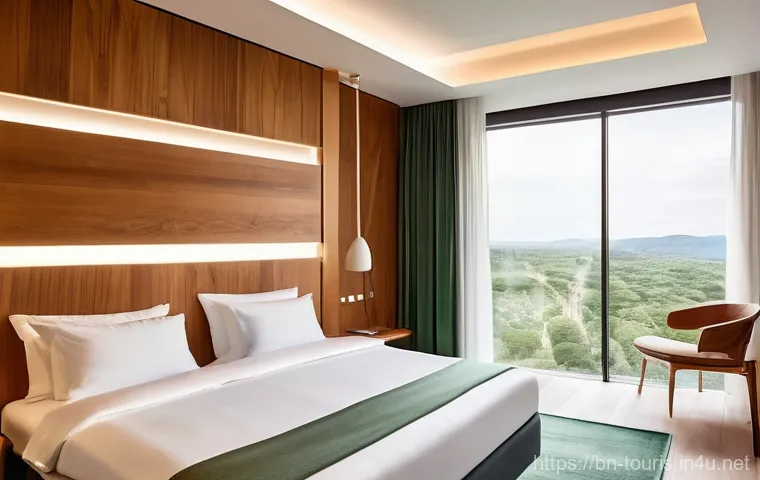 호텔 산업의 정보 기술 혁신 - **Prompt:** "A friendly-looking, clean-lined humanoid service robot is smoothly navigating a sophist...