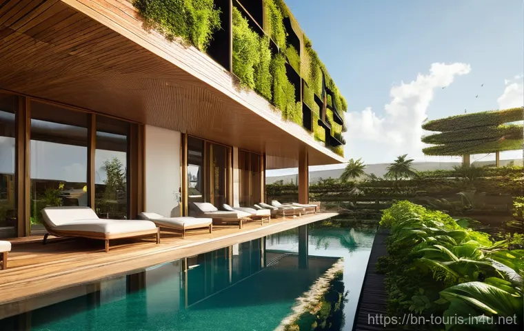 호텔 관광업에서의 지속 가능성 - **Prompt:** "A beautifully designed, modern eco-friendly hotel exterior bathed in warm sunlight. The...