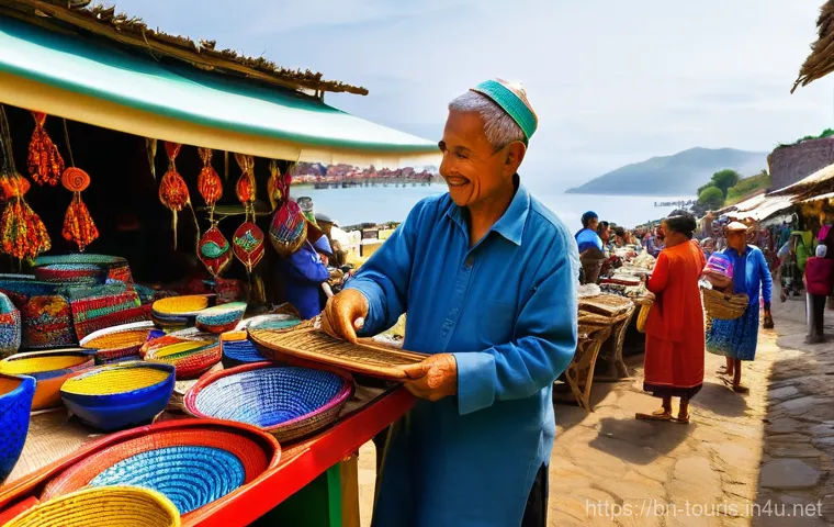 관광경영학의 경제적 영향 - **Prompt:** A bustling, vibrant outdoor market in a scenic coastal village, filled with diverse tour...