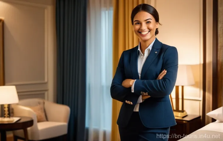 호텔 운영 관리 - **Prompt:** A warm, inviting scene inside a modern, elegantly decorated hotel room. A smiling hotel ...