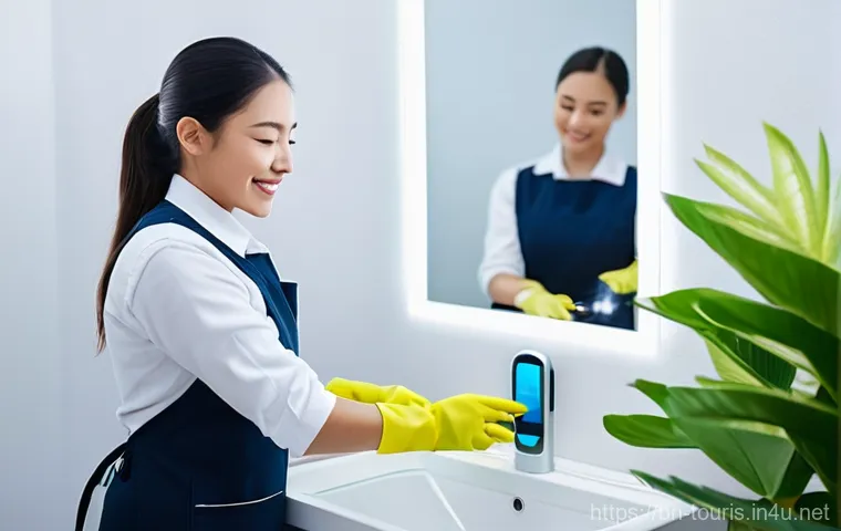 호텔 운영 관리 - **Prompt:** A sleek, futuristic hotel lobby during a quick check-in/check-out process. A well-dresse...