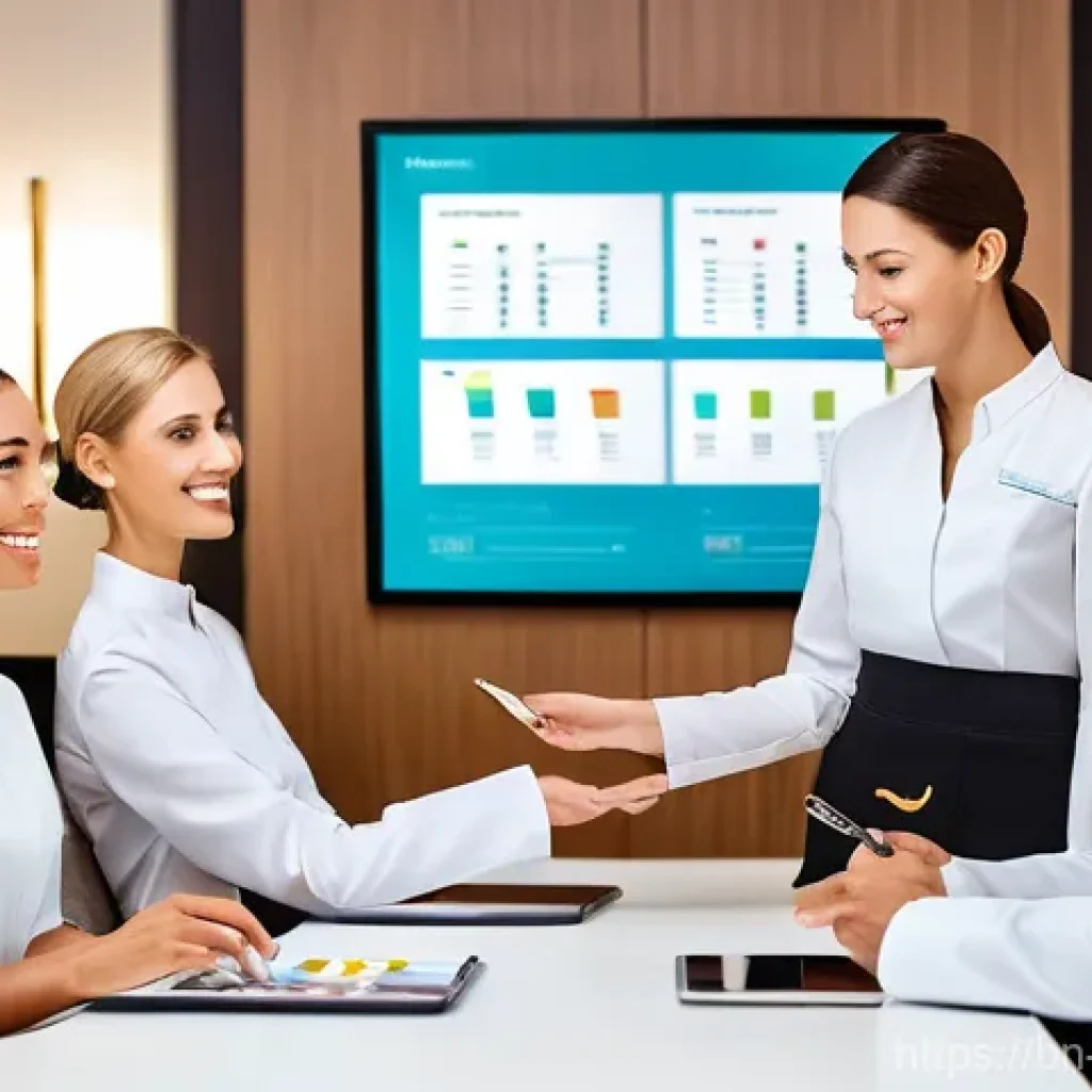 호텔 리더십과 조직 관리 - **Prompt:** "A diverse group of hotel staff, professionally dressed in crisp, modern uniforms, activ...