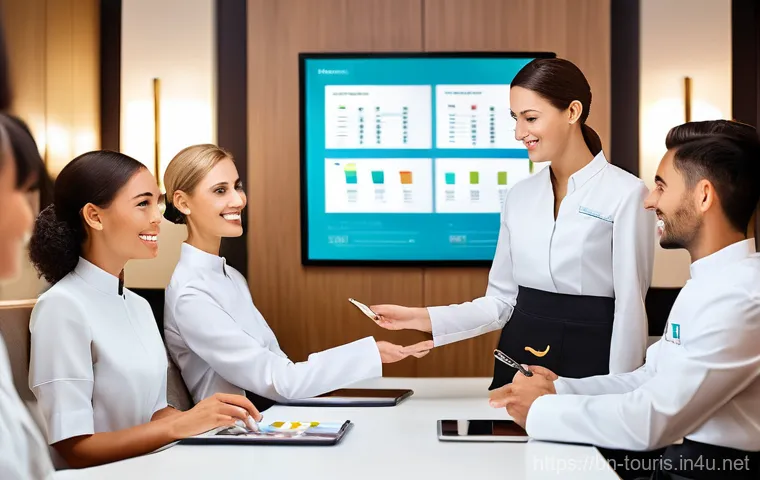 호텔 리더십과 조직 관리 - **Prompt:** "A diverse group of hotel staff, professionally dressed in crisp, modern uniforms, activ...