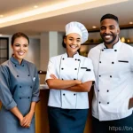 호텔 경영의 윤리적 이슈 - A vibrant and diverse team of hotel staff, including a front desk agent, a chef, and a housekeeping ...