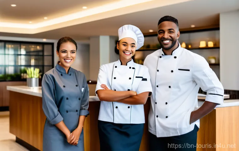 호텔 경영의 윤리적 이슈 - A vibrant and diverse team of hotel staff, including a front desk agent, a chef, and a housekeeping ...