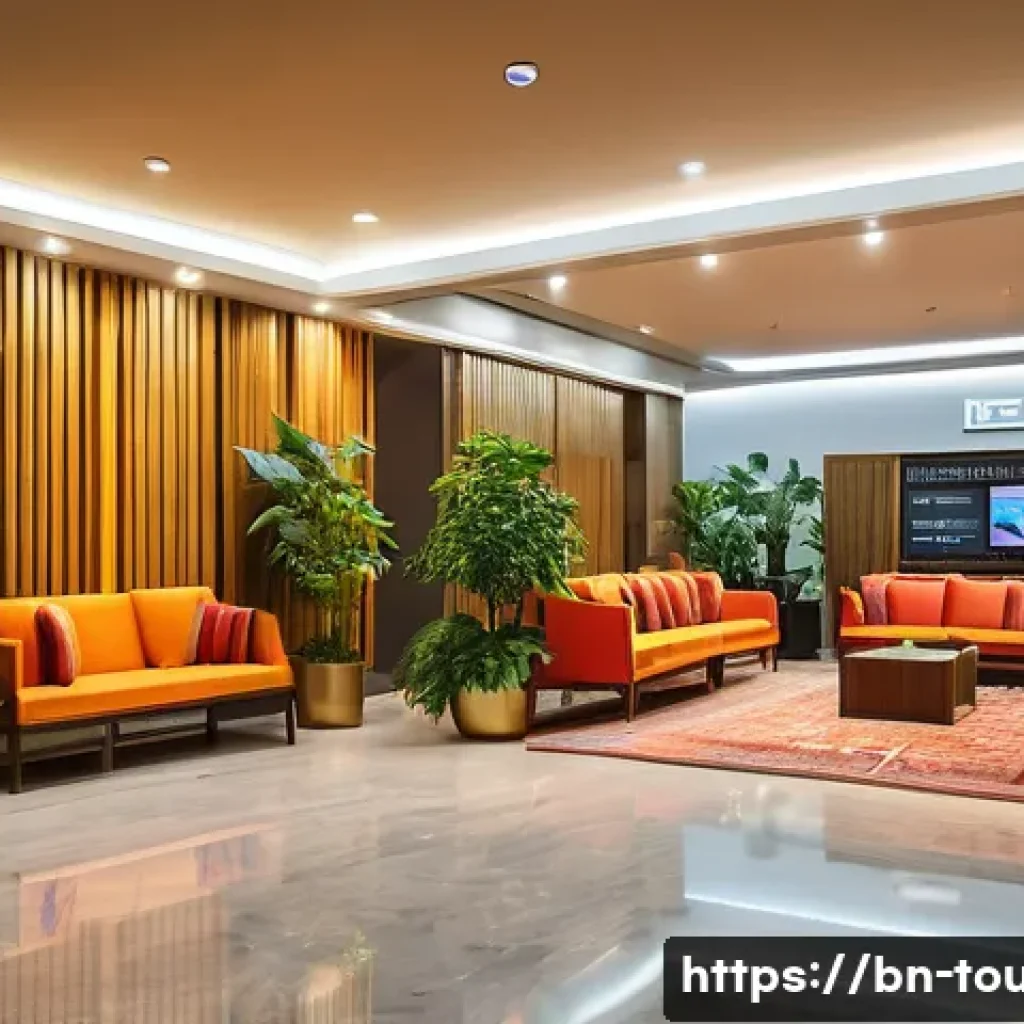 호텔 관광경영학과 취업 현황 - A vibrant and modern hotel lobby scene in Bangladesh, showcasing diverse hotel staff in professional...