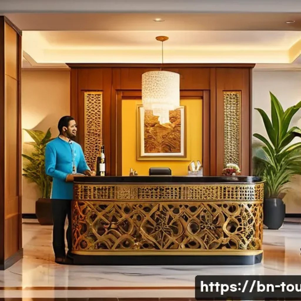호텔 경쟁력 분석 - A vibrant hotel lobby scene showcasing attentive staff warmly welcoming diverse Bengali guests with ...