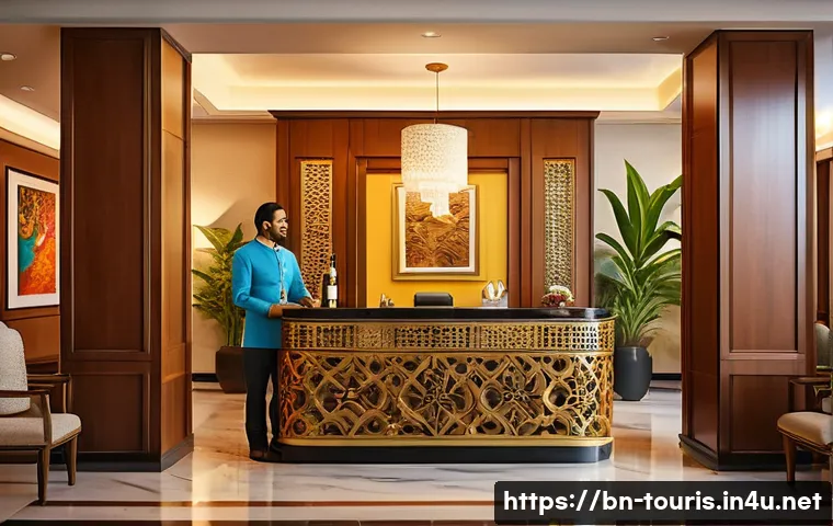 호텔 경쟁력 분석 - A vibrant hotel lobby scene showcasing attentive staff warmly welcoming diverse Bengali guests with ...