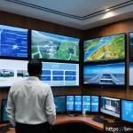 Home 21 호텔 안전 및 보안 관리 - A modern hotel security control room featuring multiple large screens displaying AI-powered CCTV foo...