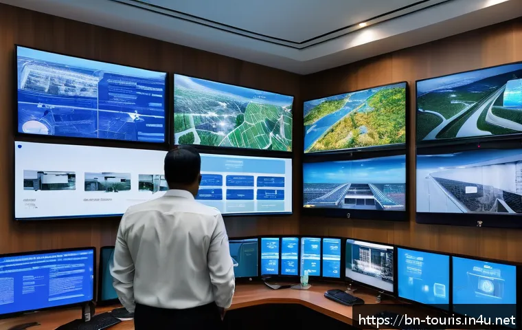 호텔 안전 및 보안 관리 - A modern hotel security control room featuring multiple large screens displaying AI-powered CCTV foo...