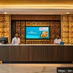 Home 20 호텔 경영에서의 고객 중심 전략 - A warmly lit hotel lobby scene in Bangladesh, featuring a friendly receptionist smiling and greeting...