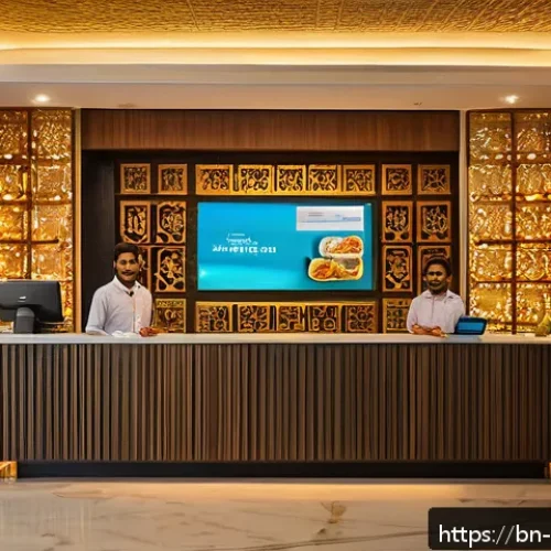 Home 32 호텔 경영에서의 고객 중심 전략 - A warmly lit hotel lobby scene in Bangladesh, featuring a friendly receptionist smiling and greeting...