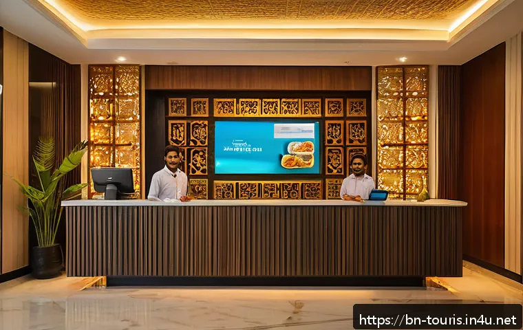 호텔 경영에서의 고객 중심 전략 - A warmly lit hotel lobby scene in Bangladesh, featuring a friendly receptionist smiling and greeting...