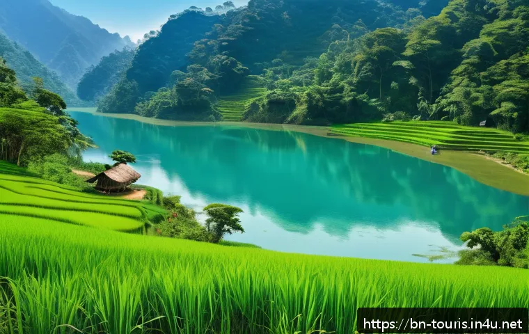 관광경영학의 지속 가능성 - A serene mountainous landscape featuring a lush green forest and a clear freshwater lake, with local...