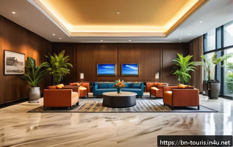 호텔 관광업의 리스크 관리 - A modern hotel lobby showcasing a seamless contactless check-in